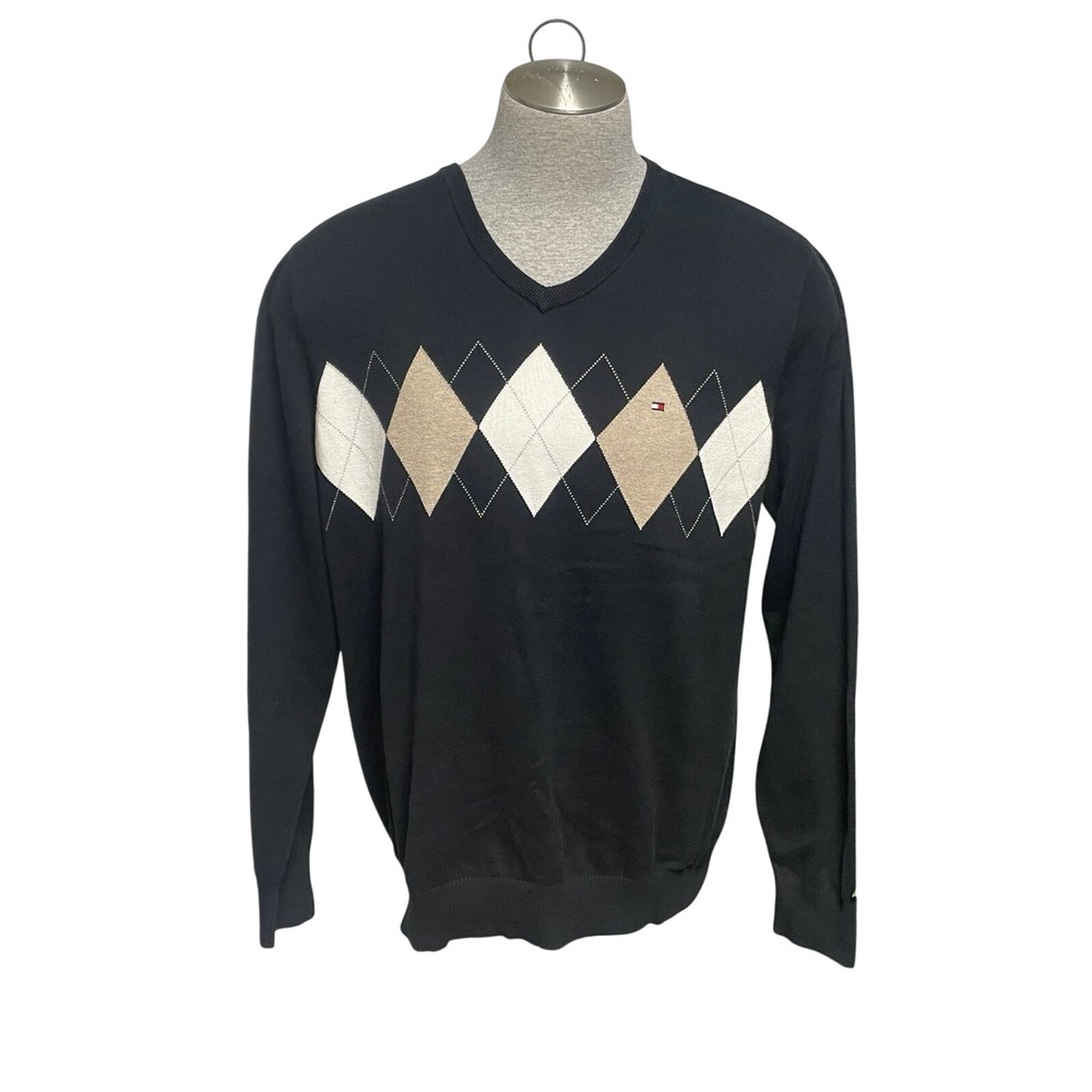 Tommy Hilfiger Black Tan Argyle‎ V Neck Sweater Mens XL